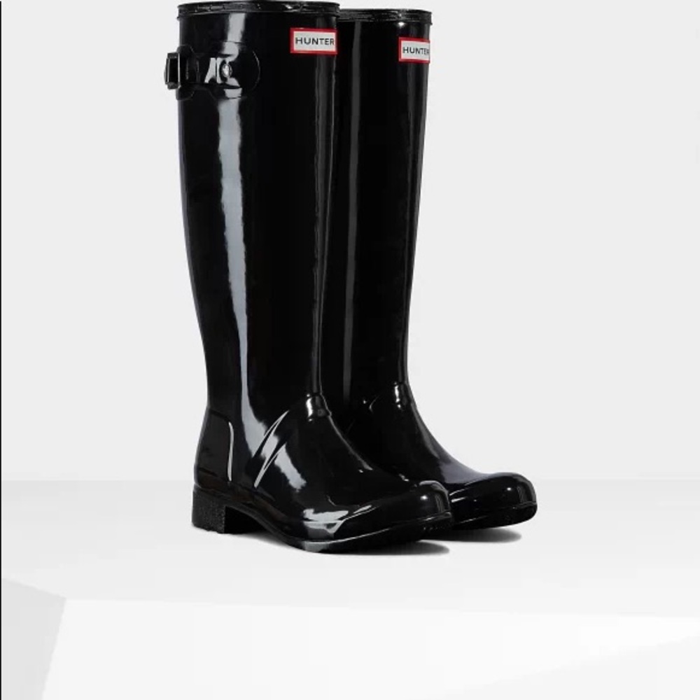 glossy black hunter boots tall